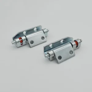 Two 8-0 silver metal hinges featuring holes for screws and a red accent, displayed on a neutral gray background.