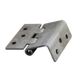 A close-up view of the 86-0 metal hinge, featuring three holes on each side, designed for connecting two objects and facilitating pivoting motion.