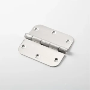 The 89-0 metal door hinge, featuring four screw holes on each plate, is lying flat on a white surface.