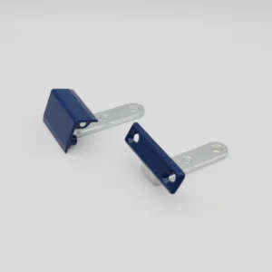 Two 90-0 metal brackets with blue plastic coverings and mounting holes, placed on a white background.