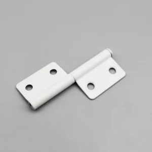 The 93-0 metal hinge, featuring a white finish and comprising two plates with two screw holes each, lies flat on a gray surface.