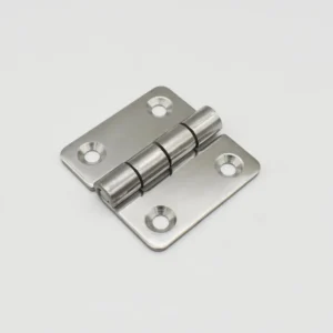 The 99-0 stainless steel hinge with four screw holes is lying on a white surface.