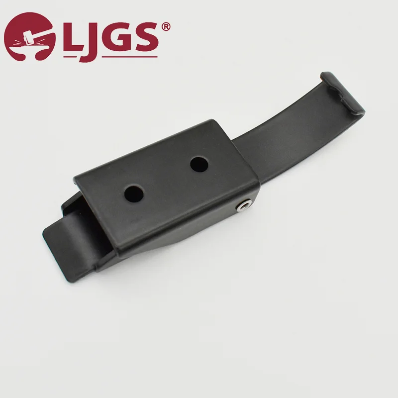 A black metal toggle latch with holes and a hook, featuring the LJGS logo on a white background, model BKESUA-17 (4).