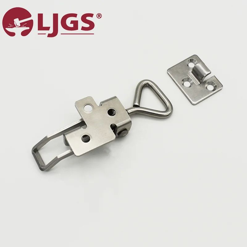 Displayed on a white background is the BKESUA-85 (3) stainless steel toggle latch with a loop handle, accompanied by its matching bracket and the LJGS logo in the corner.