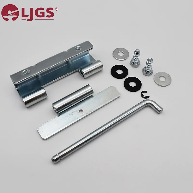 The CL125-1 (3) Carbon Steel Hinge hardware set features a metal bracket, screws, washers, an Allen key, and a sturdy pin, all elegantly presented on a light surface.