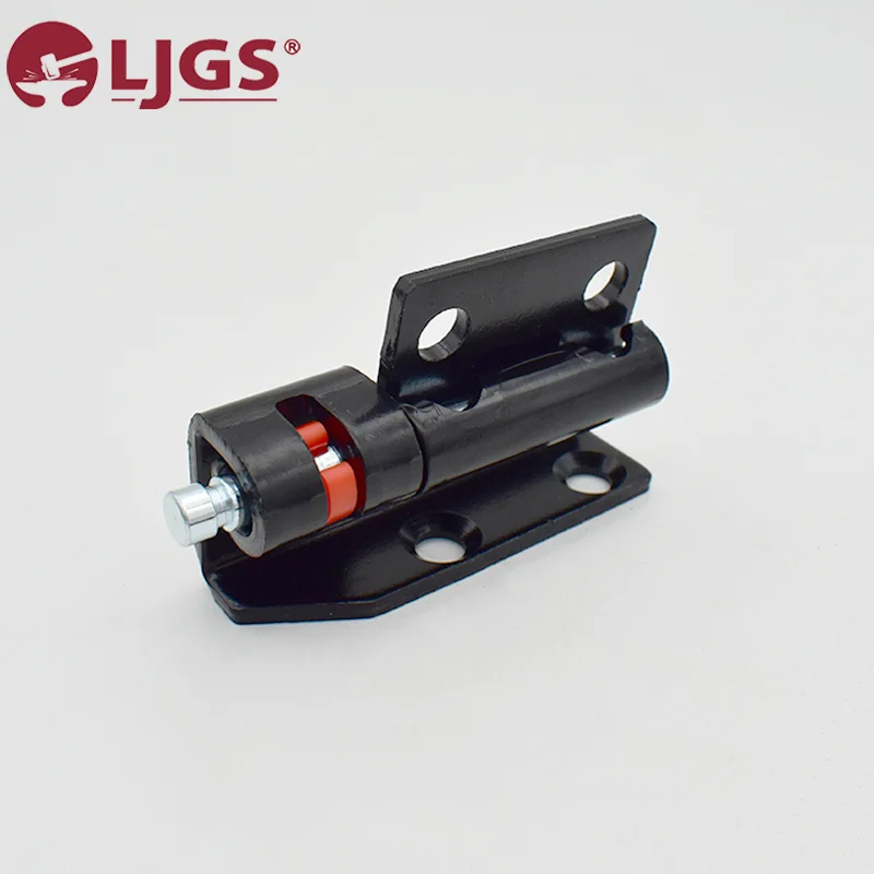 A sleek black metal hinge, known as the CL137 (17), features two mounting plates and a striking red accent detail, showcased on a plain white background. Crafted from durable carbon steel, this piece displays the "LJGS" logo in the upper left corner.