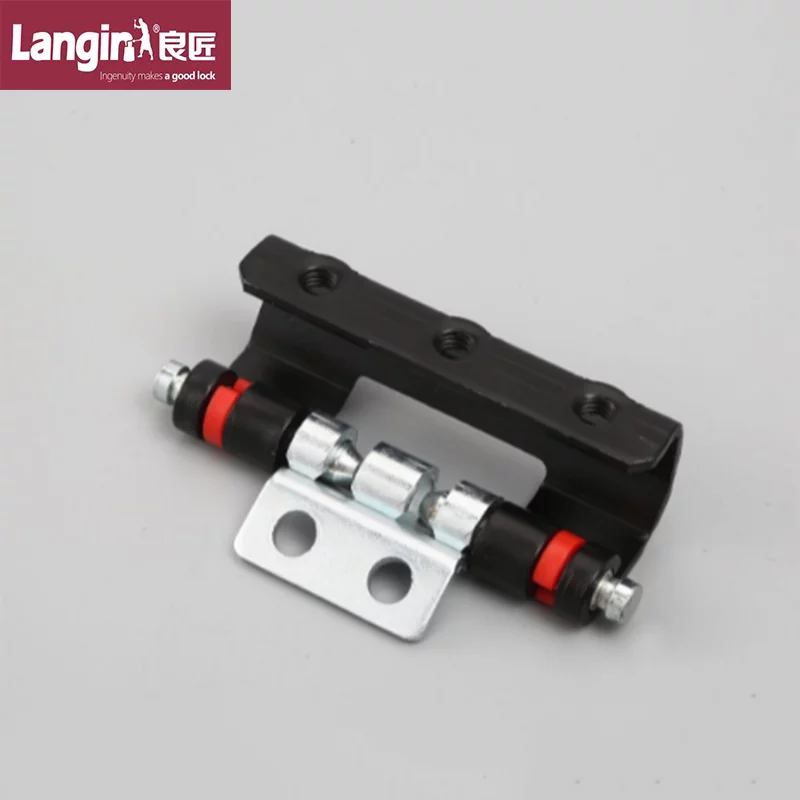 Displayed against a plain background is the CL201-1（电泳黑红卡）—a sleek hinge crafted from 304 stainless steel with a black and silver finish, enhanced by red rubber components. The "Langir" logo stands prominently in the top left corner.