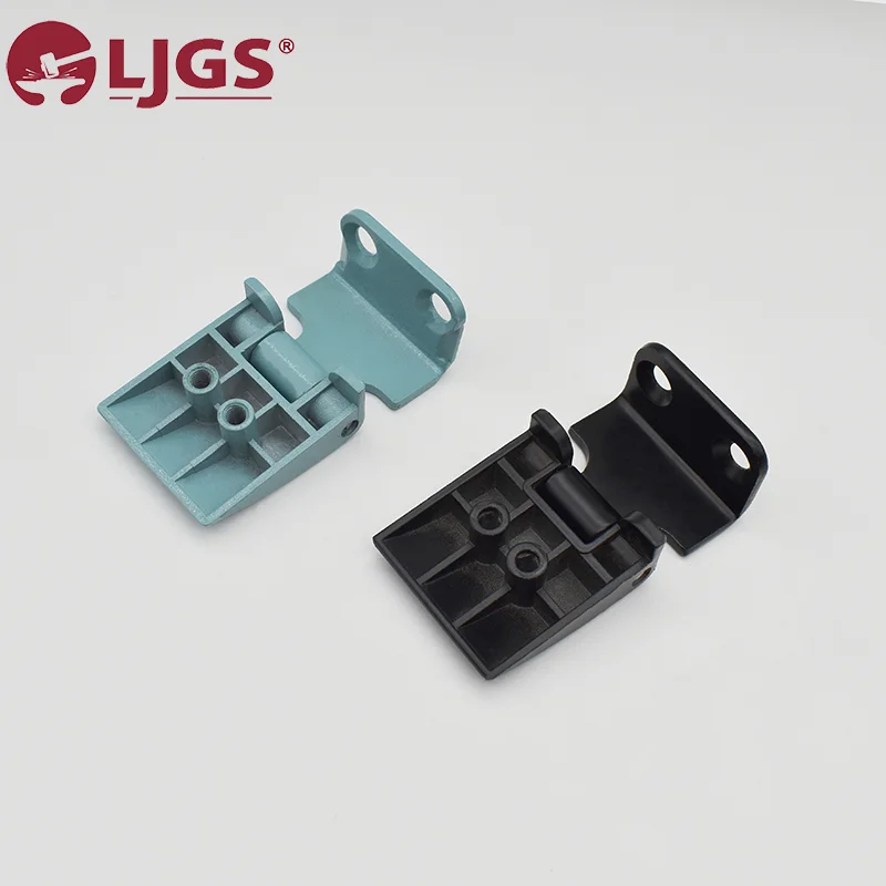 Two CL202-2 metal brackets, one in teal and the other in black, each featuring bolt holes and sturdy pins, are displayed side by side. The LJGS logo is prominently positioned in the top left corner, enhancing the design.