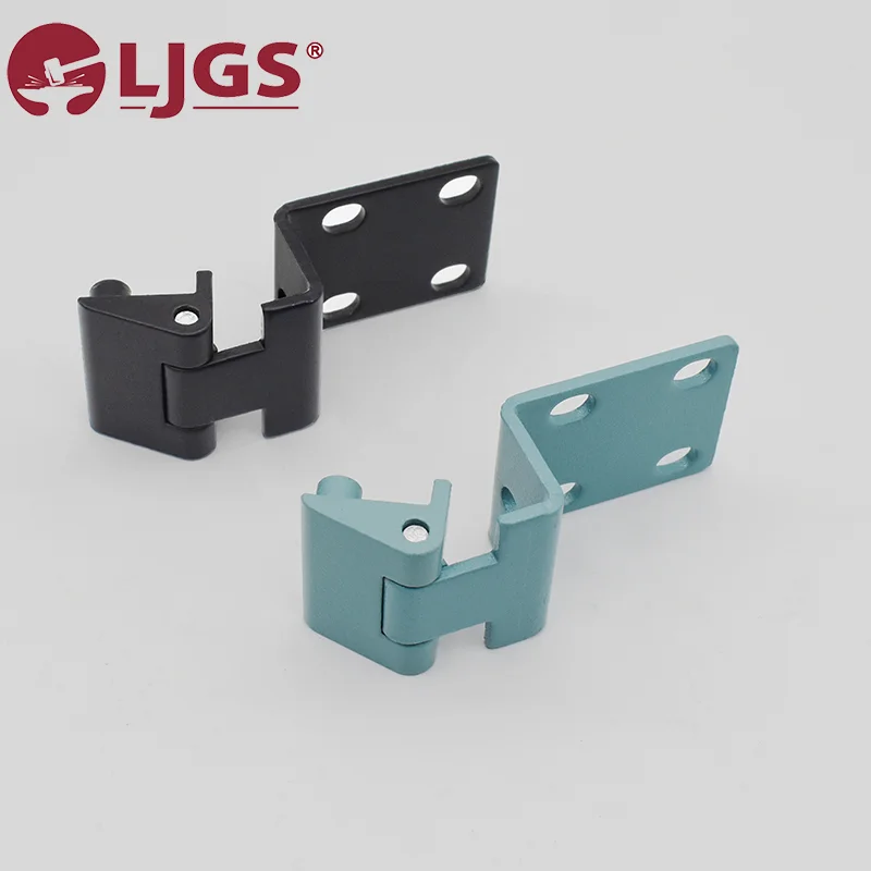 Displayed on a plain white background with the CL202-3 (4) logo in the top left corner are two metal brackets: one black made of zinc alloy featuring a dynamic hinge, and one teal made of carbon steel with a static hinge. Both include four-hole mounting plates.