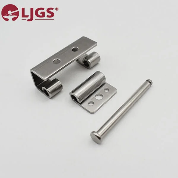 The CL237-2 (14) stainless steel hinge components are precisely laid out, showcasing two hinge plates, two cylindrical joints, and a sturdy pin.