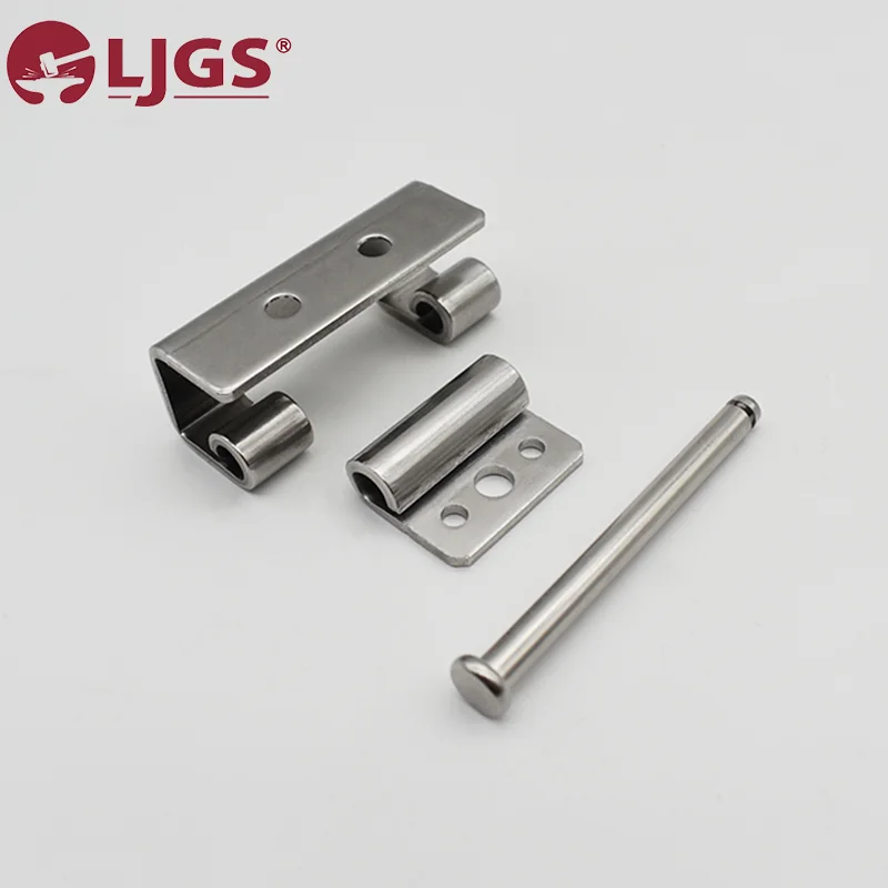 The CL237-2 (14) stainless steel hinge components are precisely laid out, showcasing two hinge plates, two cylindrical joints, and a sturdy pin.