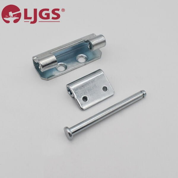 Set of metal mounting brackets featuring the CL237 stainless steel hinge, includes three pieces: a base with two holes, a hinged plate, and a long pin.