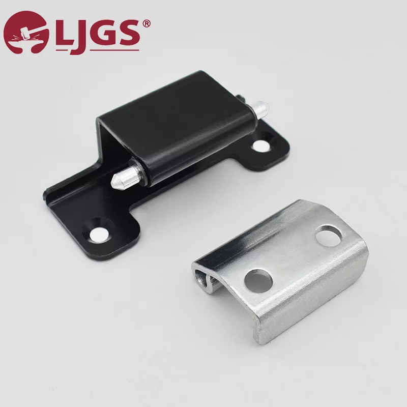 A CL244 (5) black Carbon Steel Hinge and a silver metal bracket with two holes are displayed on a white background.