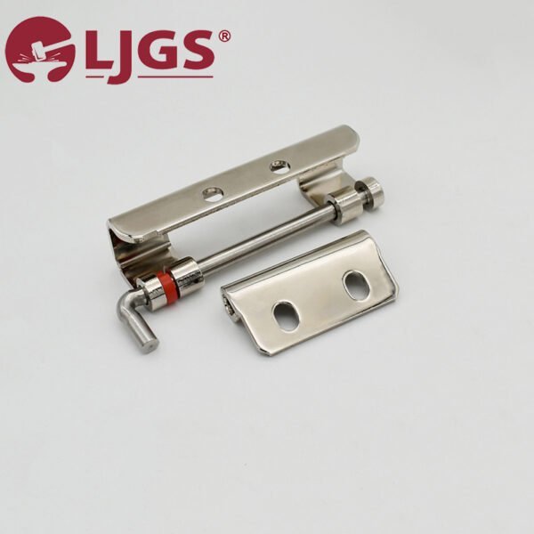 Close-up of a silver metal hinge, model CL283-1 (4), crafted from durable Stainless Steel 304, featuring an L-shaped pin and accompanying metal plate. The brand logo "LJGS" is prominently visible in the top left corner.