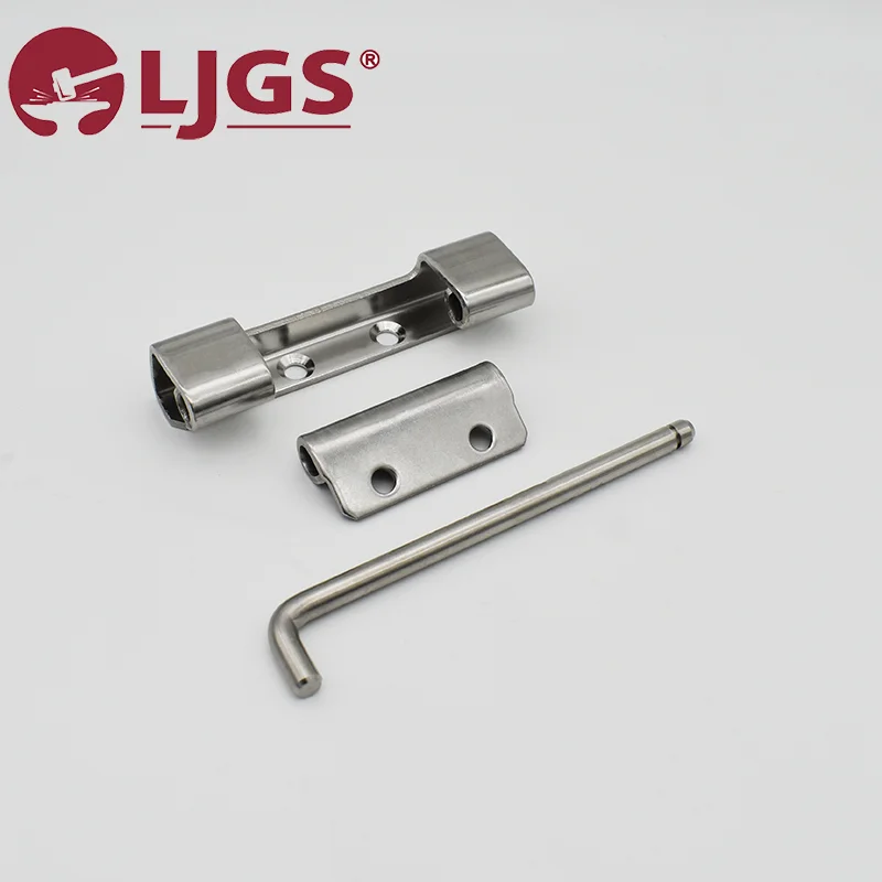 The CL283-4 (5) metal hinge, made from carbon steel and consisting of two pieces alongside an Allen wrench, is showcased on a white background with the LJGS logo in the top left corner.