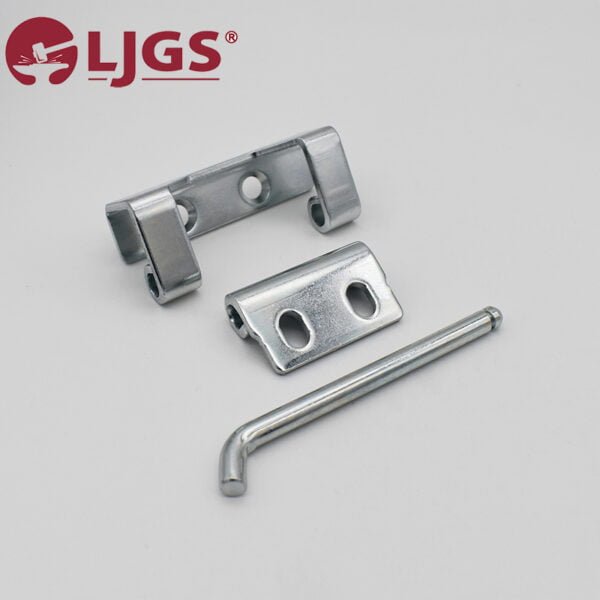 Product Description: Model CL283-8 (7) stainless steel 304 hinge assembly, featuring three components: two bracket pieces and one connecting rod, set against a plain background. The LJGS logo is visible in the top left corner.