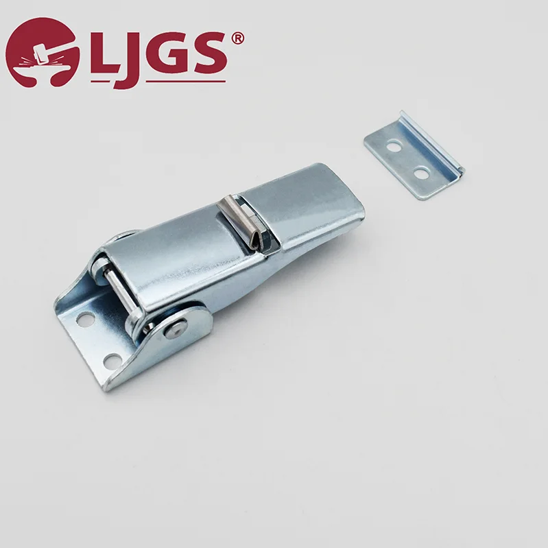Product DK602 (5), a metal toggle latch featuring the "LJGS" logo, is crafted from durable stainless steel and displayed next to a small metal catch piece on a light gray background.