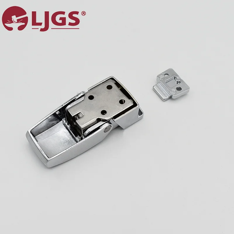 A stainless steel retainer hinge and an alloy base piece from the DK604-1 (13) collection rest on a white surface, displaying the "LJGS" logo in the top left corner.