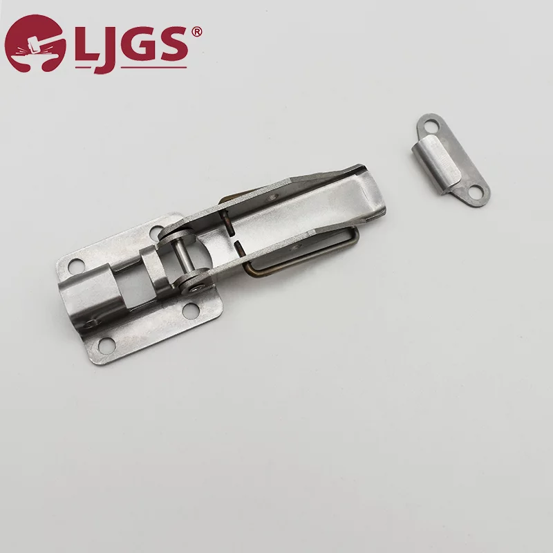 DK617 (3) toggle latch lock made from 304 stainless steel, accompanied by a separate small mounting piece, set against a plain white background with the prominent LJGS logo in the top left corner.
