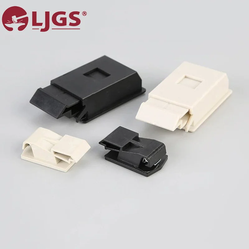 Displayed on a gray background are four sleek plastic cable clips featuring toggle latches in black and white. The LJGS logo is elegantly positioned in the top left corner, highlighting the DK725-2-3B (5) model, expertly crafted from durable ABS plastics.