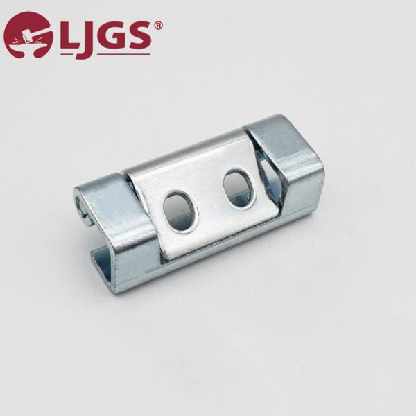 HL043 (4) is a stainless steel hinge clip that has two holes and a rectangular shape, with the LJGS logo in the top-left corner.