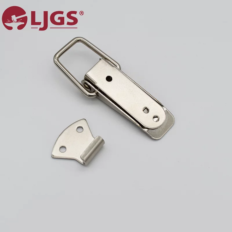 Image showcasing a Stainless Steel 304 latch clasp accompanied by a distinct metal bracket set against a gray background. The LGJS logo is positioned in the top left corner. File name: J001 (9).jpg