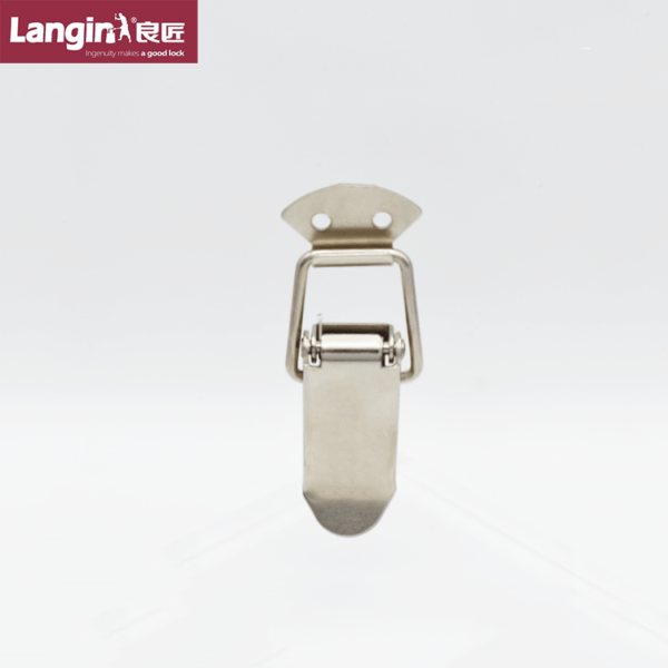 A metal latch with a stainless steel clasp mechanism is centered on a plain background, featuring the Langin logo in the upper left corner. The product depicted is the J103（多角度拍摄3）.