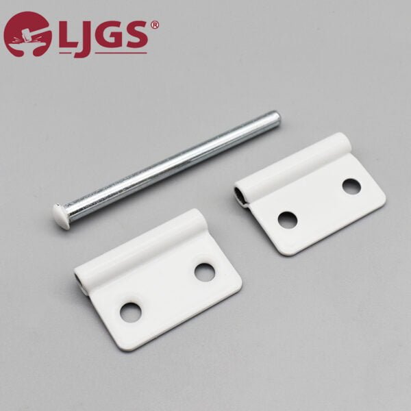 Two white metal hinges crafted from Stainless Steel 304, along with a cylindrical metal pin, are showcased on a gray background, featuring the LJGS logo in the top left corner. The product is identified as LJ020 (8).