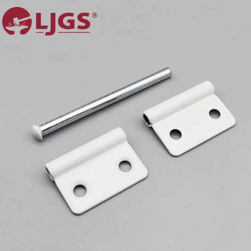 Two white metal hinges crafted from Stainless Steel 304, along with a cylindrical metal pin, are showcased on a gray background, featuring the LJGS logo in the top left corner. The product is identified as LJ020 (8).