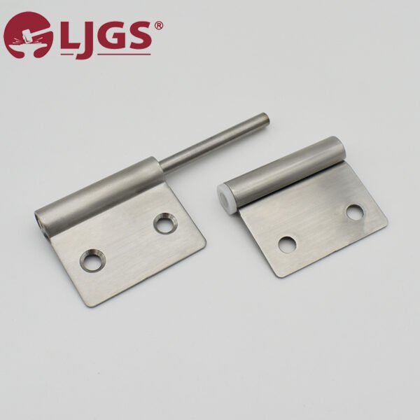 Two LJ021 (4) stainless steel butt hinges are showcased, emphasizing the durable nature of these quality Stainless Steel Hinges. One hinge includes a pin while the other does not, all set against a plain backdrop with the LJGS logo subtly positioned in the top left corner.