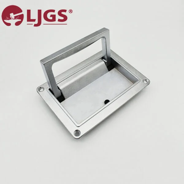 The LS125-2 (4) Zinc Alloy Handle features a sophisticated metal recessed design with a rectangular base, complete with four screw holes at each corner. Highlighted against a plain background, it is elegantly adorned by a logo situated in the top left corner.