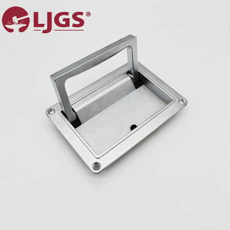 The LS125-2 (4) Zinc Alloy Handle features a sophisticated metal recessed design with a rectangular base, complete with four screw holes at each corner. Highlighted against a plain background, it is elegantly adorned by a logo situated in the top left corner.