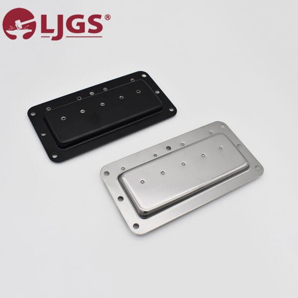 Two LS504-3 (2) rectangular mounting brackets made from Stainless Steel 304, available in black and silver, each featuring multiple holes, are displayed on a plain white background.