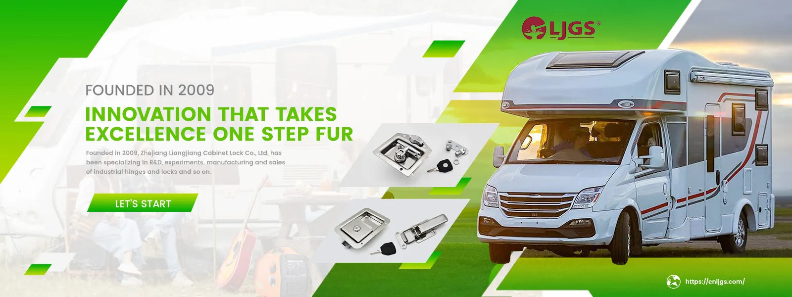 Promotional banner for ljgs banner03 featuring a motorhome, emphasizing LGS's commitment to innovation since 2009 with a spotlight on the Liang Jiang Cabinet Lock. Includes images of industrial hinges, a "Let's Start" button, and the website URL www.lgs.com.