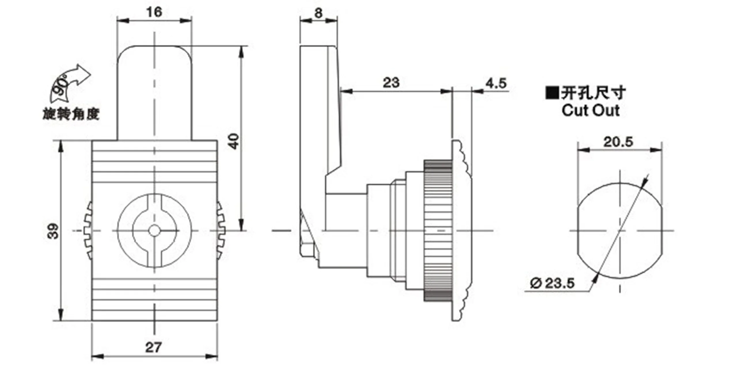 Technical diagram of the 14039826134_994859250 lock mechanism, showcasing dimensions and measurements with side and front views, including a cut-out section.