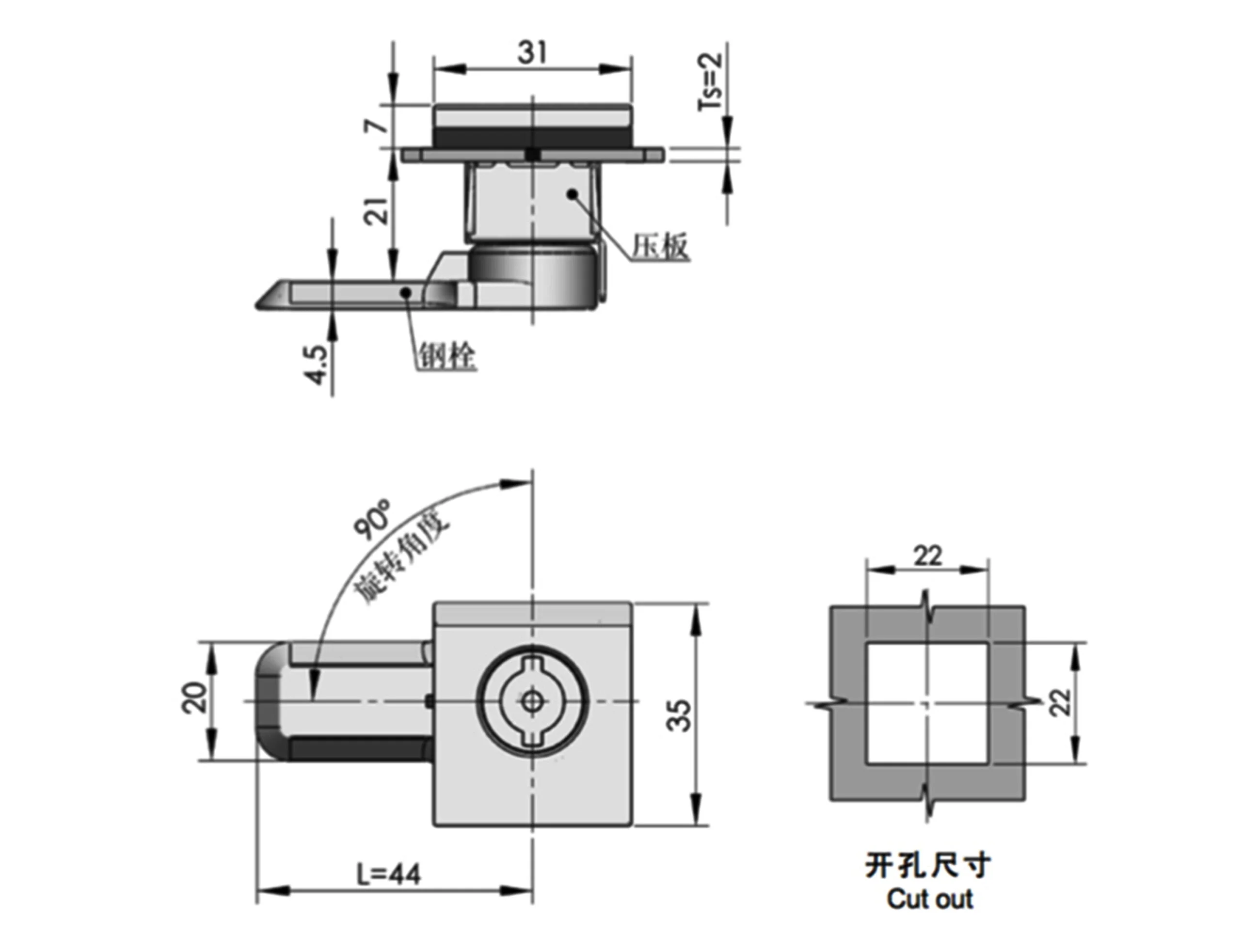 Technical diagram 1551600814806479 features a metal bracket with dimensions in millimeters, presenting top, side, and front views.