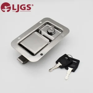 Rectangular metal latch with a lock and two keys, branded "LJGS," identified as product 179-1, on a plain background.