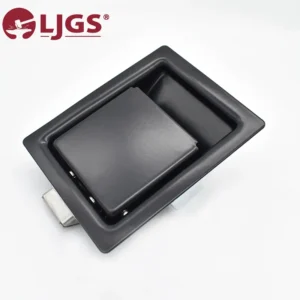 The 182-1 black recessed rectangular door pull is shown alongside its mounting hardware against a plain white background, with the "LJGS" logo featured in the top left corner.