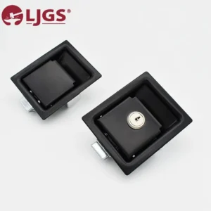 On a white background are two rectangular black flush pull handles, one equipped with a key lock. The LJGS logo is positioned in the top left corner. Product Name: 183-2.
