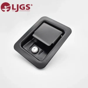 A black rectangular recessed handle latch with a key lock, identified as Product 186-1, is displayed against a plain white background, featuring the "LJGS" logo in the top left corner.