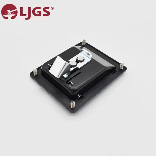 The 190-1 features a black metal latch with a lever mechanism mounted on a square base equipped with four screw posts, complemented by the LJGS logo in red positioned in the top left corner.