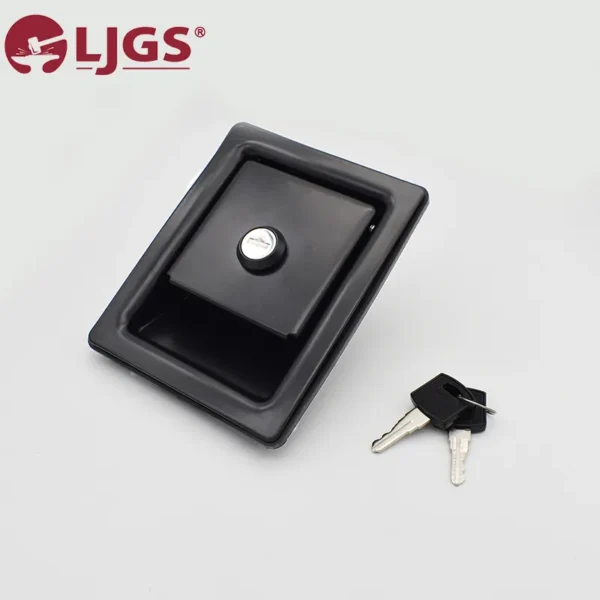 190-2 recessed handle lock in black, featuring a silver keyhole and accompanied by two keys, showcased against a plain white background.