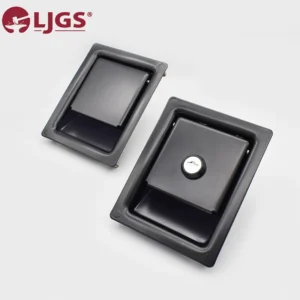 The 192-6 product features two black rectangular recessed handles, one designed with a circular keyhole, set against a light gray background with the LJGS logo in the corner.