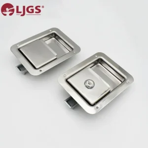 Two "197-2" stainless steel recessed latches, square-shaped on a white background, one featuring a keyhole while the other does not.