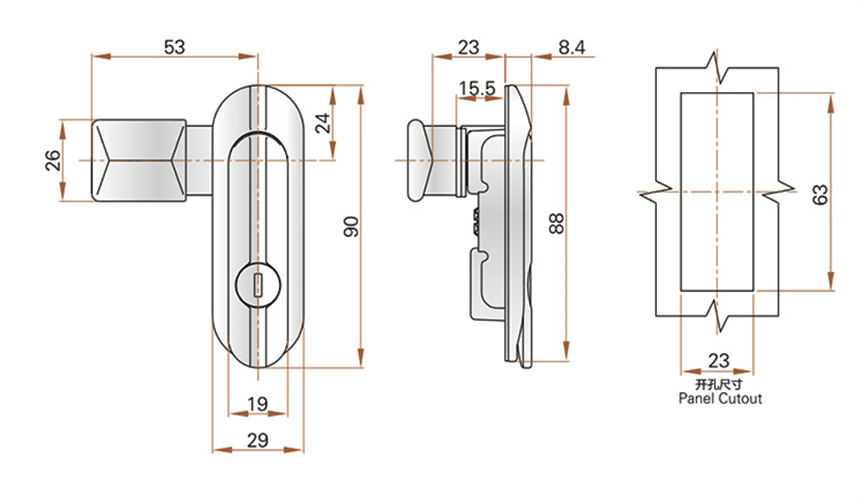 Technical diagram of the 403-1 lock mechanism with dimensions in millimeters, showcasing front, side, and panel cutout views.