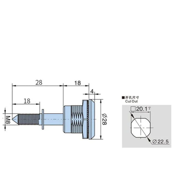 The technical drawing for product 6 shows a screw with dimensions labeled in millimeters. The main screw measures 28 mm, and the threading diameter is M8. An inset details the cutout dimensions: a 20.1 mm square inside a 22.5 mm circle, conforming to MS704 standards.
