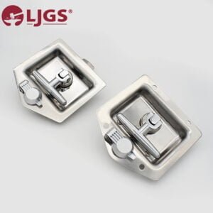 The 6ad7c9be-a1f7-4e93-bdac-1142990dd3c9 model features two stainless steel recessed latches with secure locking mechanisms, stylishly embellished with a brand logo in the top left corner.