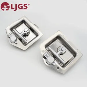 The 6ad7c9be-a1f7-4e93-bdac-1142990dd3c9 model features two stainless steel recessed latches with secure locking mechanisms, stylishly embellished with a brand logo in the top left corner.
