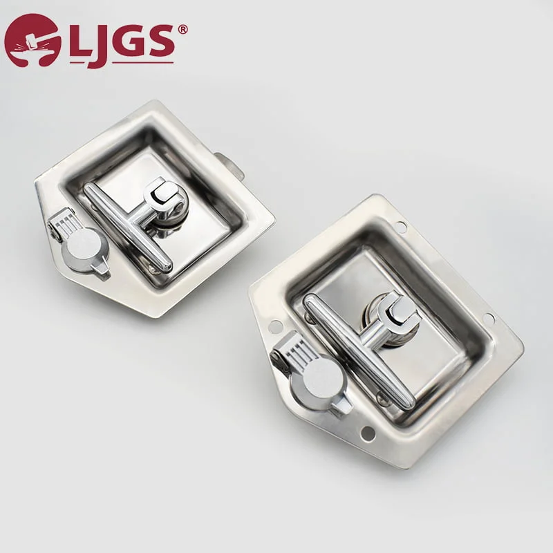 The 6ad7c9be-a1f7-4e93-bdac-1142990dd3c9 model features two stainless steel recessed latches with secure locking mechanisms, stylishly embellished with a brand logo in the top left corner.