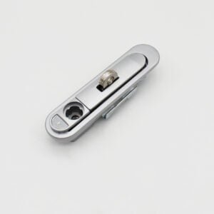 AB302 (2) silver latch lock featuring a circular turning mechanism and elongated body, set against a pristine white background.
